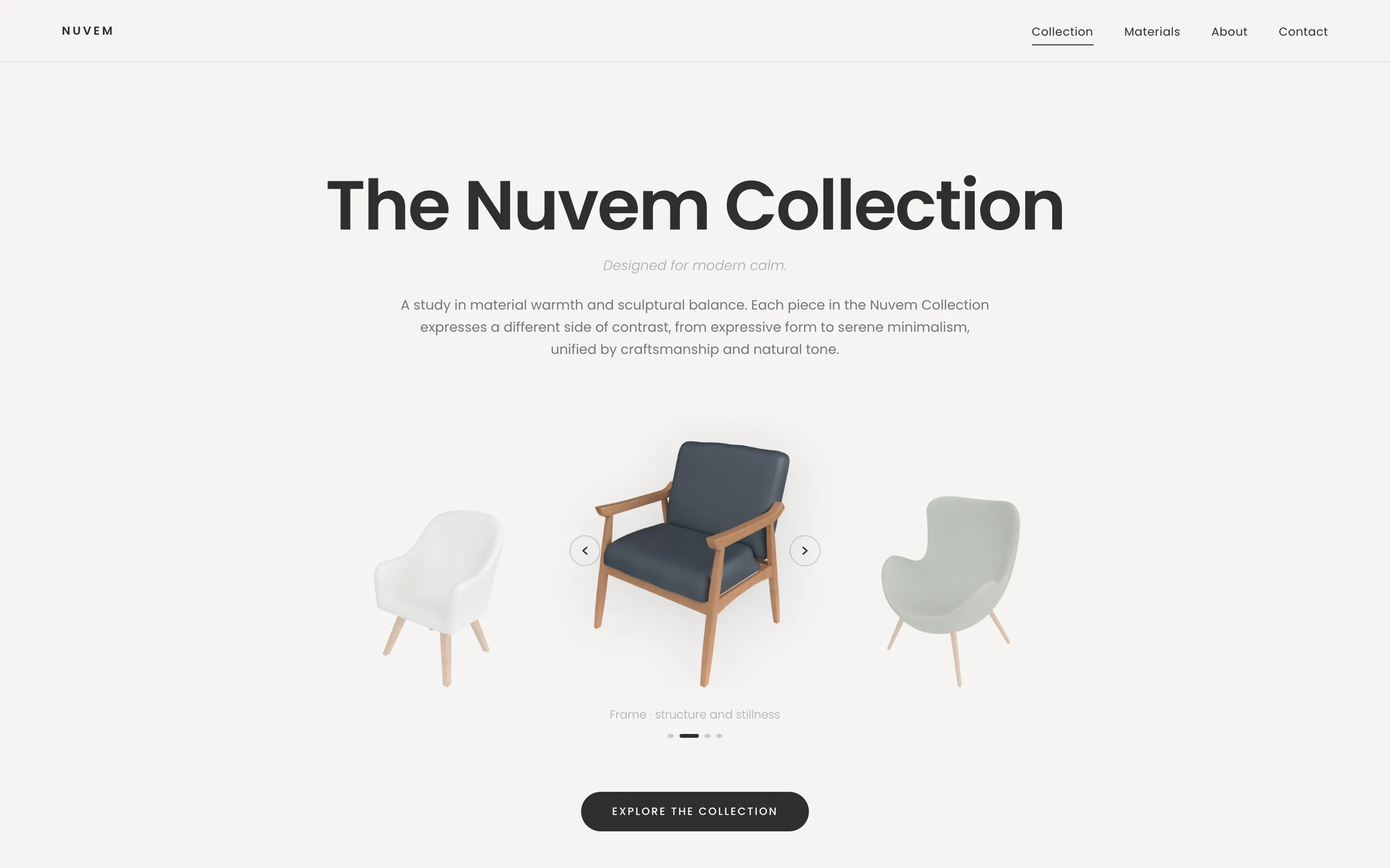The Nuvem homepage: “The Nuvem Collection” over a carousel of four chairs