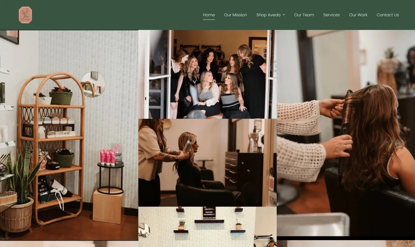 Palazzo Salon homepage with a green header and an edge-to-edge photo gallery of the salon